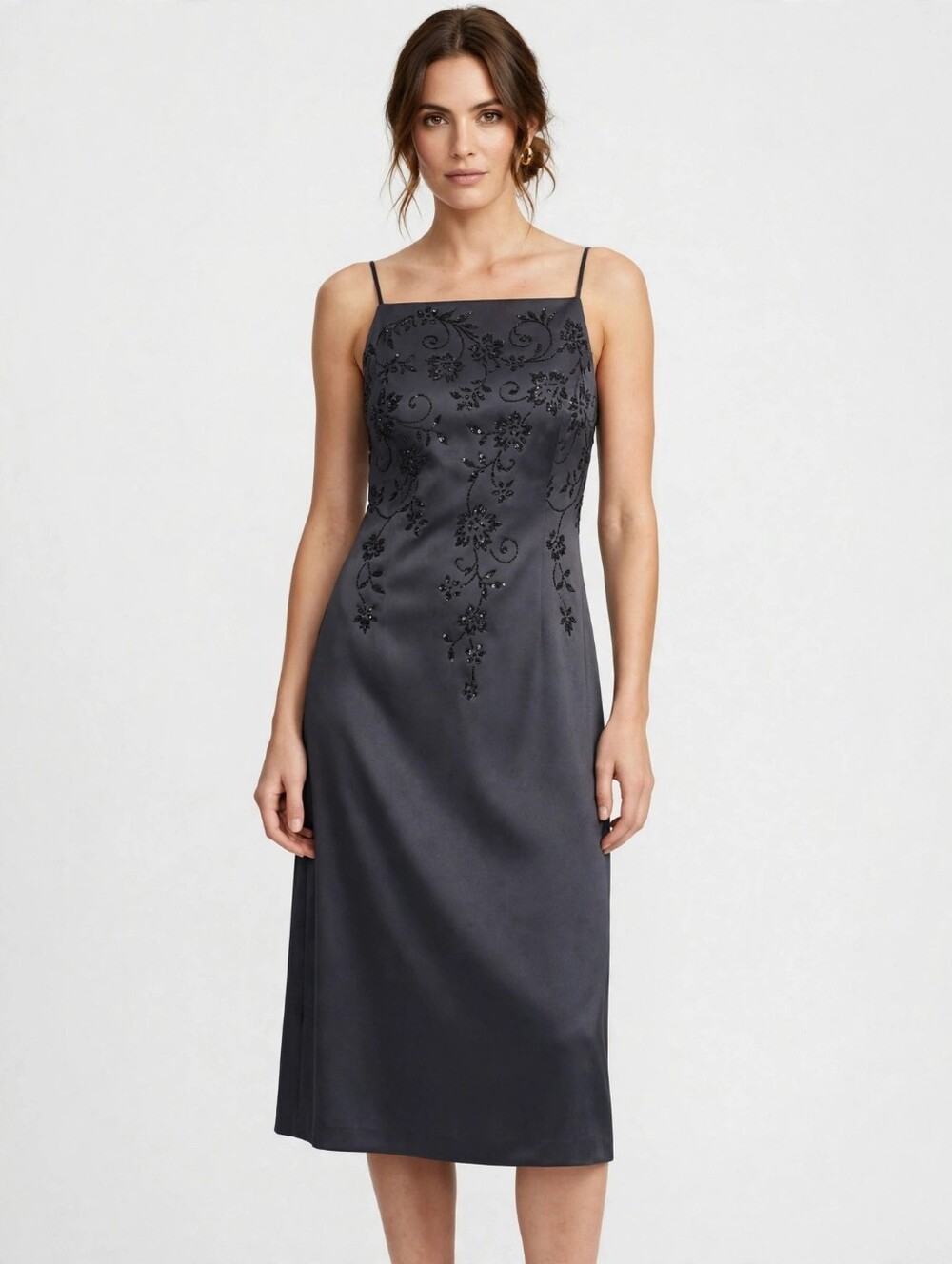 Charcoal Color Embroidered Slip Dress - Women's Evening Dress